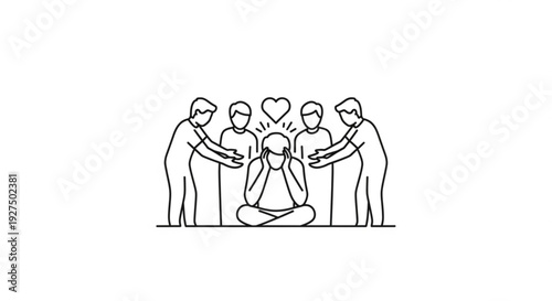 Group of people supporting a kneeling person surrounded by hearts in a moment of care and kindness.