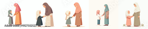 vector of Muslim daughter and mother shaking hands on Eid al-Fitr