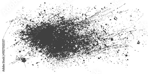 An abstract grunge background featuring black ink splats and liquid paint drops with a spray texture, forming a dirty splatter pattern and artistic vector stain design