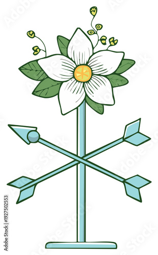 Flower Weathervane with Arrows Vector Artwork Illustration. Floral Weather Vane, Garden Decoration, Wind Direction Indicator
