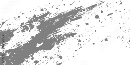 A dark grunge texture design featuring a black ink splat pattern with paint splashes and liquid spray stains on a dirty paper element illustration