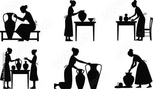 Black silhouette set of female potters creating ceramic vases, handcrafted clay pottery workshop, artisan woman working on traditional earthenware vessels