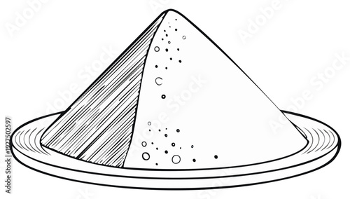 Black and white line art drawing of a conical mound of powder or spices on a plate sketch illustration