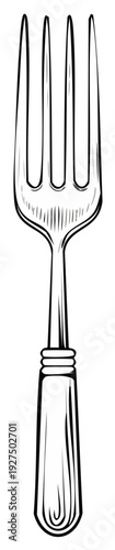 Hand drawn vintage fork illustration in a black and white sketch style Classic dining cutlery isolated
