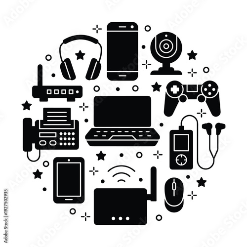 Technology gadgets circular icon set with computer phone headphones and router