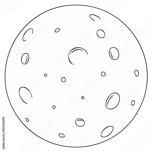 Minimalist black and white line art depicting a full moon with many distinct craters