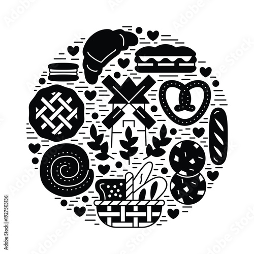 Bakery items circular icon set with bread croissant pretzel and pastries