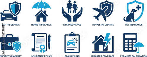 Insurance icon set including car, home, life, and pet coverage protection symbols designed in a flat blue vector illustration style.