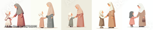 vector of Muslim daughter and mother shaking hands on Eid al-Fitr