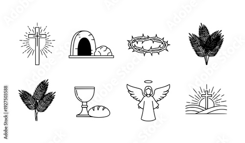 Easter resurrection Christian symbol outline icon set