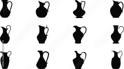 Black silhouette set of women potters creating ceramic vases, ancient pottery craft, artisanal workshop, traditional vessel making, female artisans, clay