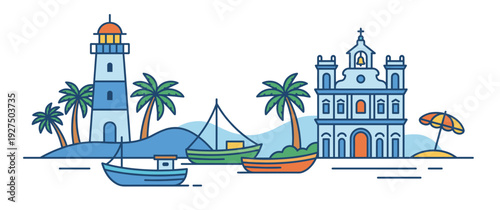 Goa travel destination skyline panoramic vector illustration with lighthouse palm trees fishing boats famous church architecture and tropical beach. Indian summer vacation design.