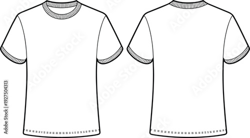Blank white t-shirt technical sketch template with front and back view, short sleeve crew neck apparel design, unisex streetwear garment