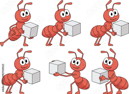 Cartoon red ant mascot set carrying white sugar cubes, industrious insect character illustrating teamwork, hard work, logistics, and strength, vector