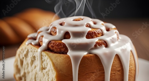 Melted Cinnamon Roll Icing Dripping Thickly in Glossy White Streams, Rich Creamy Texture Flowing Down, Close-Up Macro of Irresistible Sweet Glaze