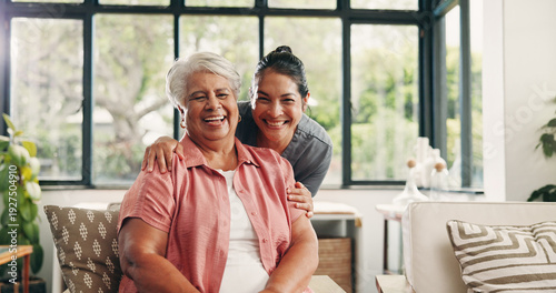 Slika na platnu Caregiver, portrait and old woman in house with hug, trust and bonding together in assisted living