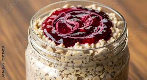 Thick Creamy Overnight Oats Topped with Chia Seeds and Vibrant Berry Swirl, Fresh Mixed Berries and Glossy Texture, Close-Up Macro of Healthy Breakfast Bowl