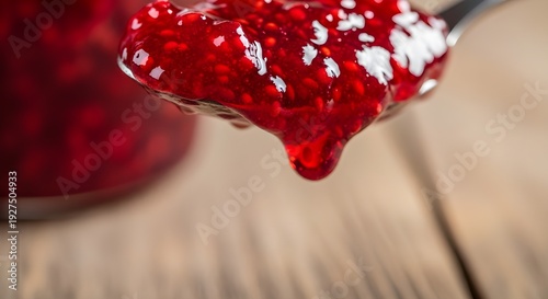 Fresh Raspberry Jam Spread Thickly, Vibrant Bright Red with Visible Seeds, Glossy Texture and Homemade Look, Close-Up Macro of Luscious Fruit Preserve