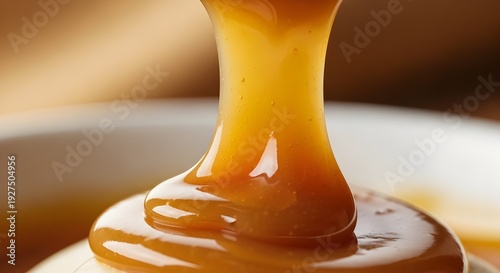 Rich Melted Butterscotch Sauce Flowing in Thick Golden Ribbon, Dripping Lusciously With Glossy Caramel Texture, Close-Up Macro of Irresistible Sweet Dessert Topping