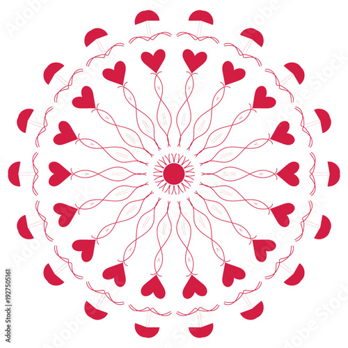 Radiant Heart Mandala: Intricate and symmetrical design composed of hearts radiates love and harmony, representing unity and balance. A visual journey of the heart's inner world, ideal for designs. 