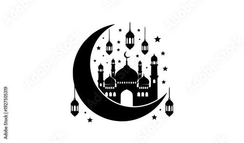 Ramadan Kareem crescent moon mosque silhouette with stars and lanterns vector illustration isolated on white background