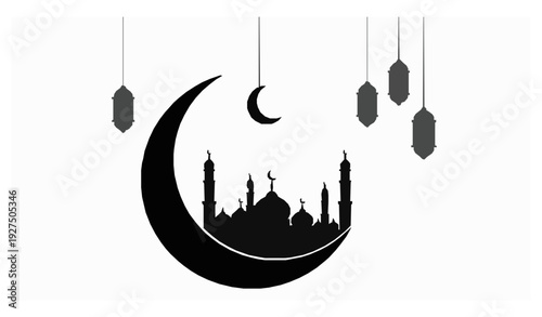 Ramadan Kareem mosque crescent moon silhouette vector Islamic greeting design with lanterns isolated on white background