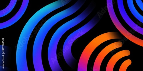 Fondo abstracto con líneas curvas de colores neón azul, púrpura y naranja sobre un fondo negro elegante y moderno para diseño digital creativo.