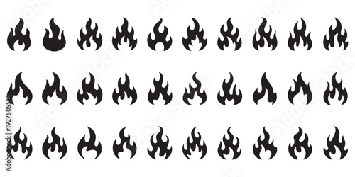Collection of stylized fire flame icons in various shapes and styles