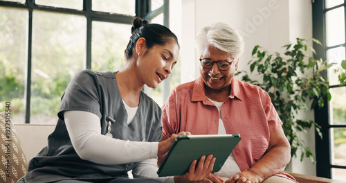 Fotografie Healthcare, tablet or talking with nurse and old woman in home living room for feedback or review