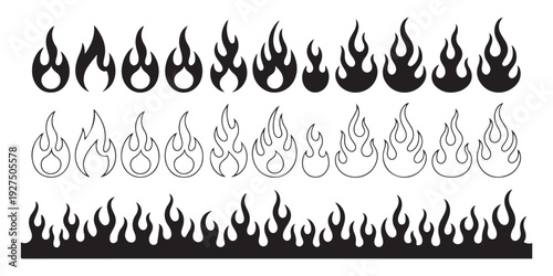 Arrangement of fire and flame symbols outline and filled in various styles for design and decoration