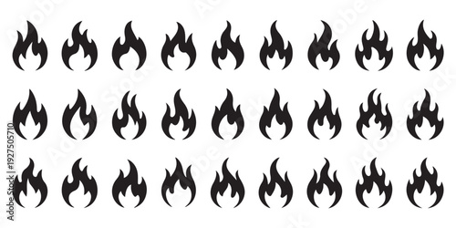 Collection of many flame icons in black and white variations for diverse graphic and design uses
