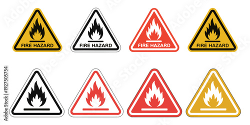 Set of fire hazard warning signs in triangle shapes with flame symbols for industrial safety and caution
