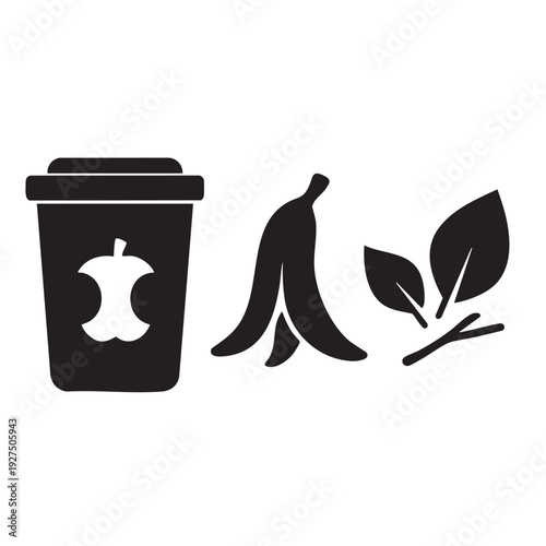 Organic Waste Recycling Icon Set - Apple Core, Banana Peel, and Leaves