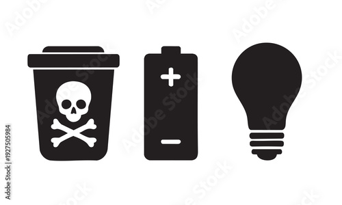 Hazardous waste icons with skull bin battery and lightbulb