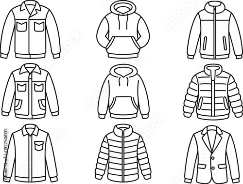 Line art icon set of winter outerwear, hooded sweatshirts, puffer jackets, denim coats, and formal blazers, men's apparel fashion design sketches