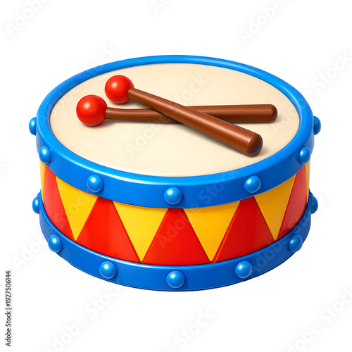 Brightly colored children's toy drum with wooden sticks on transparent background