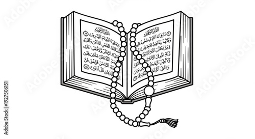 Open holy book with arabic script and prayer beads on white background for spirituality and religion concepts