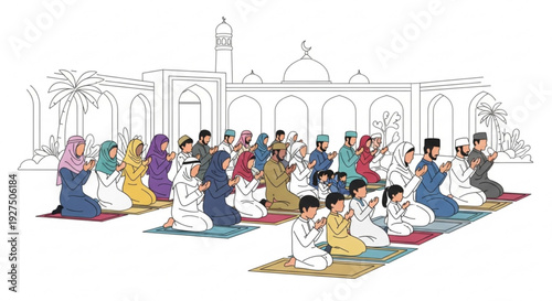 Diverse group of people praying together in a mosque courtyard with colorful mats and traditional clothing