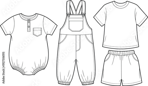 Line art set of baby clothing templates, infant bodysuit, dungarees, t-shirt and shorts, fashion technical sketch, apparel design, garment mockup