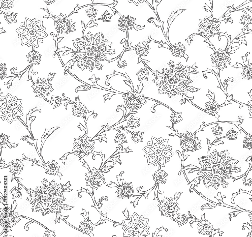 Fototapeta premium Monochrome Indian Paisley and Floral Seamless Pattern on White Background – Ethnic Textile Design