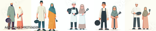 vector of a Muslim couple standing holding cooking utensils