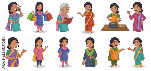 Big set of indian aunties vector characters doing different daily activities. Happy women in traditional saree and suit cooking reading shopping and talking on phone illustration.