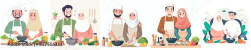 vector of a Muslim couple cooking together iftar food