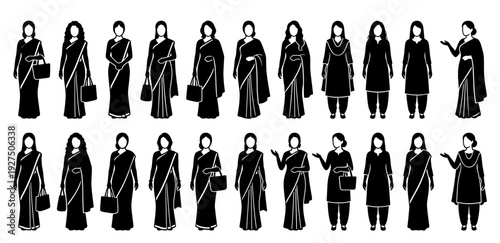 Large collection of indian aunties vector silhouettes in different standing poses wearing traditional saree and suit. Female character icons isolated on white background design.