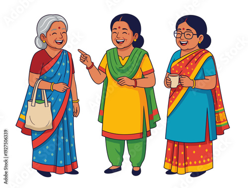 Cheerful indian aunties vector illustration chatting and laughing together. Happy women friends in traditional colorful saree and salwar kameez isolated on white background art.