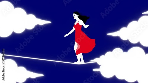 Woman Walking on Tightrope Among Clouds Illustration.