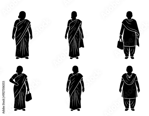 Set of indian aunties vector silhouettes standing in traditional saree and salwar kameez. Plump women character design isolated on white background for cultural graphic elements.