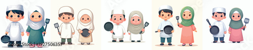 vector of a Muslim little children standing holding cooking utensils