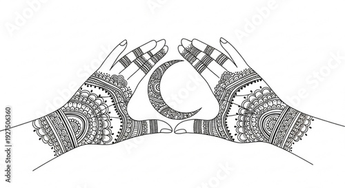 Intricately designed hands forming a heart shape with a crescent moon showcasing henna patterns and ornate details on a clean white background for love spirituality