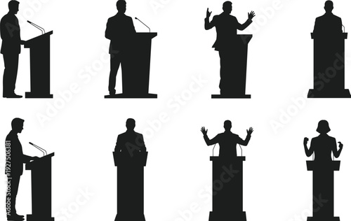 Public speaking silhouettes, podium illustration, debate speakers, leadership communication, business presentation, political discourse, motivational speech, seminar training, conference audience, spe